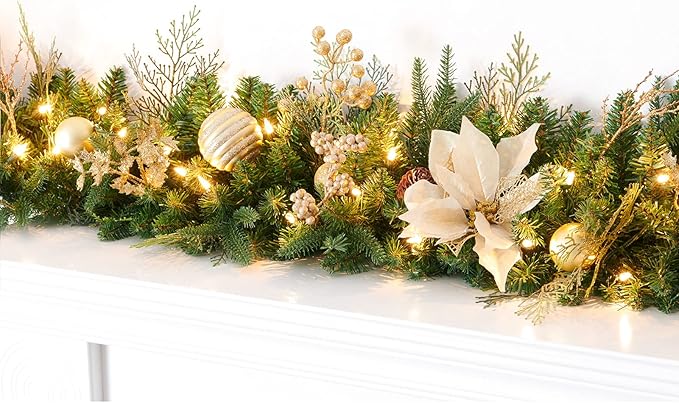 Pre-lit 9ft Christmas Garland with Gold Berries and Balls,Pine Cone,Golden Flower and 50 Battery Operated Soft White LED Lights with Timer,Artificial Holiday Decoration Door Outdoor