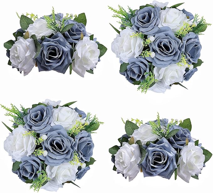 Artificial Flowers Ball 4 Pcs Dusty Blue White Flowers Wedding Table Centerpiece Table Decorations Flower Arrangement for Table Flowers centerpieces Wedding Flowers Wedding centerpieces