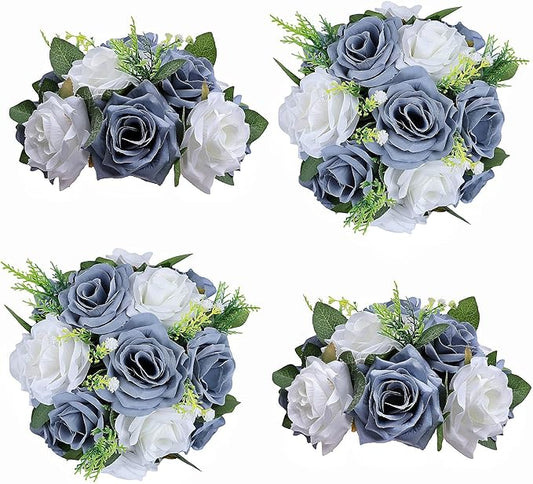 Artificial Flowers Ball 4 Pcs Dusty Blue White Flowers Wedding Table Centerpiece Table Decorations Flower Arrangement for Table Flowers centerpieces Wedding Flowers Wedding centerpieces