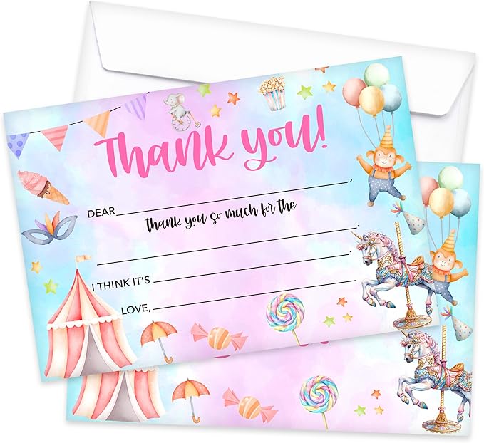Kids Thank You Card, Carnival Theme Thank You Notes, Circus Greeting Card With Envelope, Birthday Wedding Graduation Christmas Party Favors Supplies Decor(20 Pcs)-02