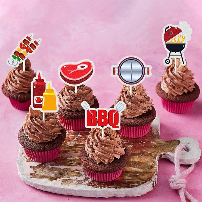 18pcs BBQ Theme Cupcake Topper,Cooking/Barbecue Theme Party Cake Decoration - Summer Theme Cake Supplies - Dessert Cupcake Supplies