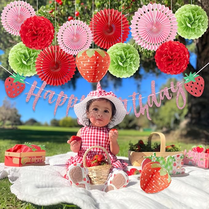 Strawberry Birthday Decorations, Strawberry First Birthday Decor with Strawberry Lantern, Red Pink White Paper Fans Hanging Decorations, Strawberry Baby Shower Decorations