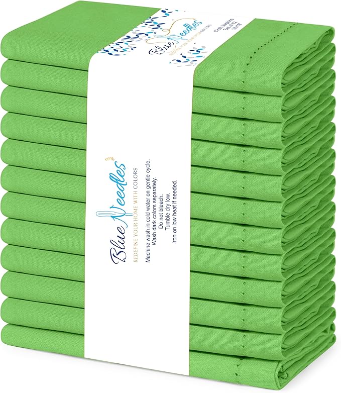 Blue Needles Set of 12 Hemstitch Linen Napkins 100% Cotton Apple Green Cloth Dinner Napkins 18x18 inches, Soft, Reusable, Absorbent, Washable, Ideal for Fall Thanksgiving Events Parties & Everyday Use