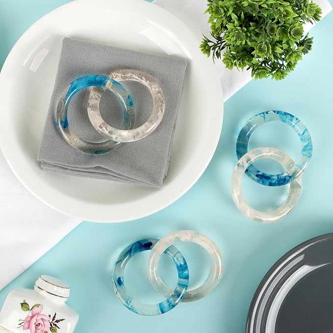 Set of 8 Epoxy Resin Napkin Ring - Interlocked Handmade Farmhouse Table Decor for Dining, Weddings, Holidays - Durable Elegant Napkin Holders for Special Occasion Blue Opaque - CLEENTABLE