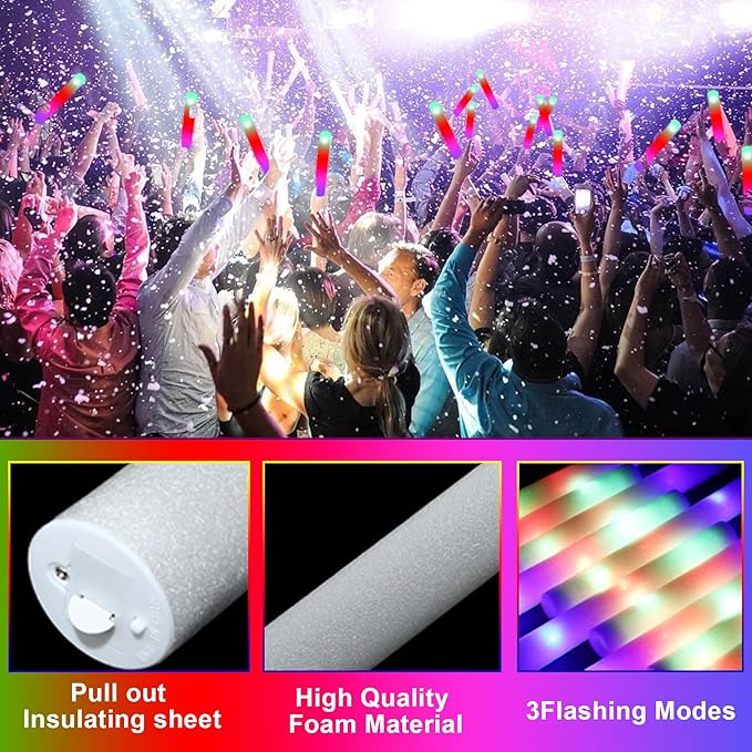 Foam Glow Sticks, 28 Pcs Glow Stick, LED Foam Stick with 3 Modes Colorful Flashing, Glow in The Dark Party Supplies, Foam Light Up Sticks for Party,Concert,Wedding,Birthday,Halloween