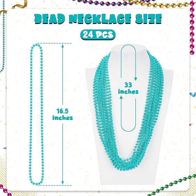 24 PCS Lakeblue Beads Necklaces, 33" Carnival Beads Bulk, Mardi Gras Parade Accessories, Costume Necklaces for Parade Throws Accessories Decorations Festive Event Gender Reveal Party Supplies