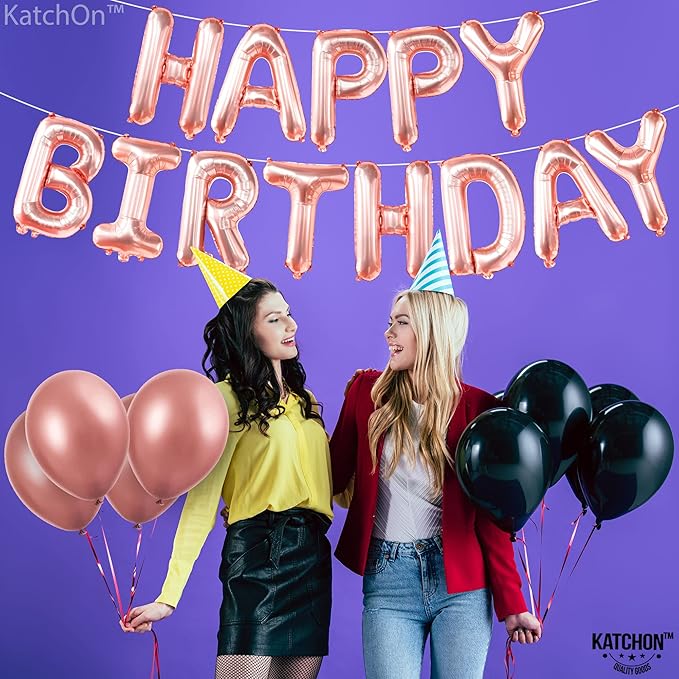 KatchOn, Rose Gold Happy Birthday Balloon Banner - 16 Inch | Rose Gold Happy Birthday Decoration Banner for Birthday Party Decorations | happy birthday Foil Balloons for rose gold Party decorations