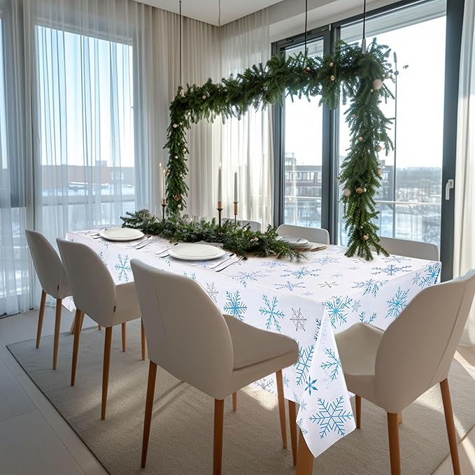 Mornajina 4 Pack 108 x 54 Inch Plastic Snowflake Tablecloths - Rectangle Disposable Xmas Tablecloths for Christmas Party Decoration