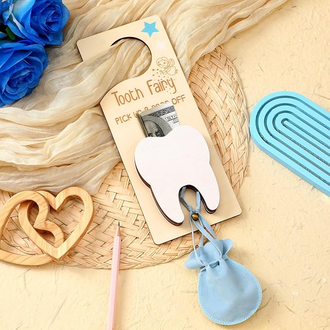 Tooth Fairy Holder Bag Hanger with Money Slot Keepsake Bottle Velvet Pouch Tooth Fairy Box Encourage Gift for Lost Teeth Boy Girl Milk(Classic,Blue)