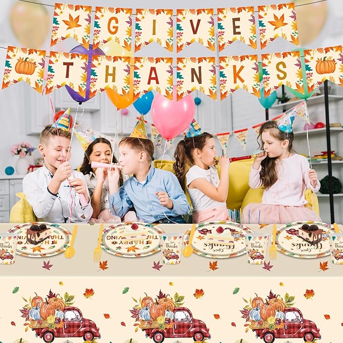 140pcs Thanksgiving Party Decorations Happy Fall Maple Leaves Plates and Napkins Tableware Set for Fall Harvest Thanksgiving Birthday Halloween Party Decorations