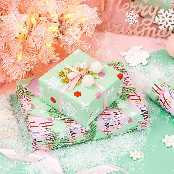 WRAPAHOLIC 30 Inch Jumbo Reversible Christmas Wrapping Paper - 30 Inch x 33 Feet - Happy Holiday Lettering with Christmas Ball Design for Holiday, Party Celebration