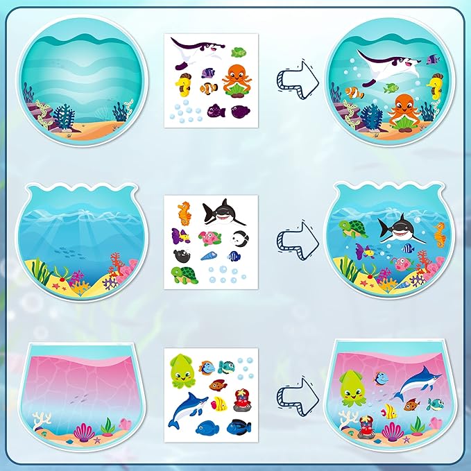 CY2SIDE 12PCS Summer Sea Animal Stickers for Kids, Make A Sea Sticker Scene with Sharks Tropical Fish, Make Your Own Ocean Animal Scene Art Craft, DIY Summer Party Games Class Activities