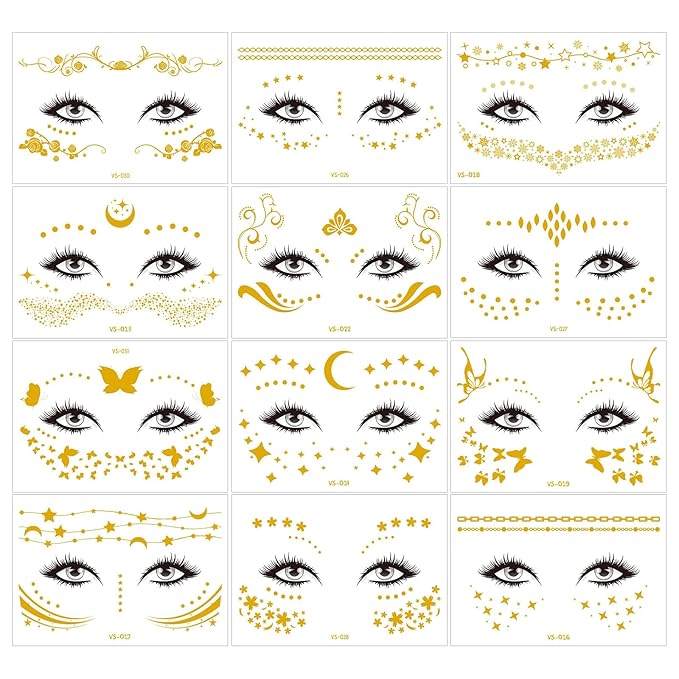 12 Pcs Gold Glitter Freckles Face Tattoo,Sparkle Makeup Patches Metallic Face Temporary Tattoos Stickers,Gold Face Freckle Tattoo for Women Girls Halloween Christmas Party Decor 638