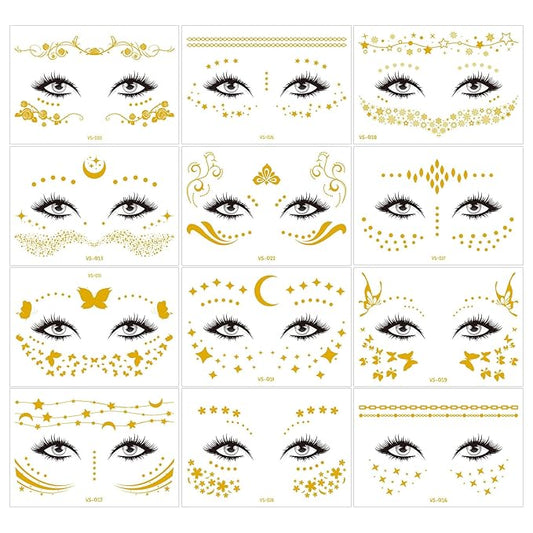 12 Pcs Gold Glitter Freckles Face Tattoo,Sparkle Makeup Patches Metallic Face Temporary Tattoos Stickers,Gold Face Freckle Tattoo for Women Girls Halloween Christmas Party Decor 638