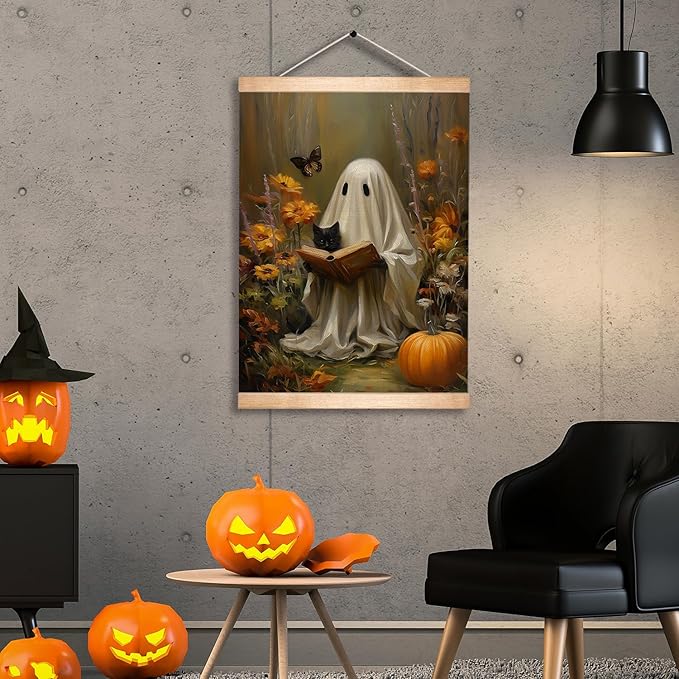 Rustic Ghost and Black Cat Reading Book Wall Art 18.5x14 Inch,Fun Ghost Linen Canvas Wall Hanging Poster Decor, Retro Gothic Haunted House Theme Wall Poster for Library Reading Corner,Halloween Decorations(BLK06)