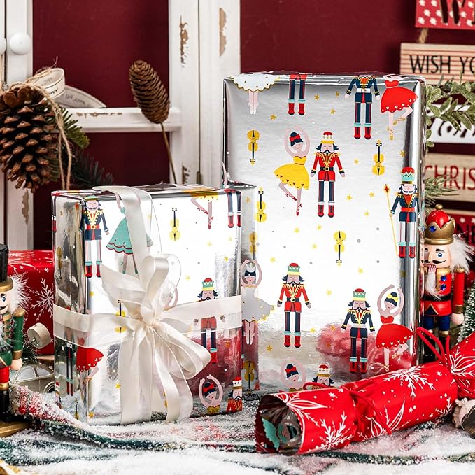 MAYPLUSS Christmas Wrapping Paper Roll - 17IN X 33FT - Nutcracker Gift Wrapping Paper Featuring Ballet Guitar Gold Star Reversible Snowflake for Kids, Holiday, New Year