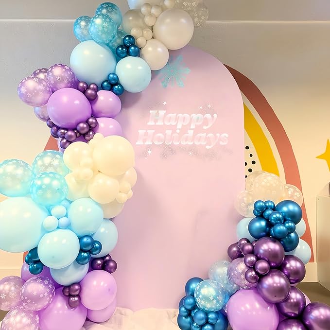 Blue Purple Snowflake Balloons Set, 12 Inch Metallic Blue Purple Balloon Snowflake Confetti Latex Balloons Metallic Silver Girls Birthday Party Decoration for Children Winter Birthday Party Supplies