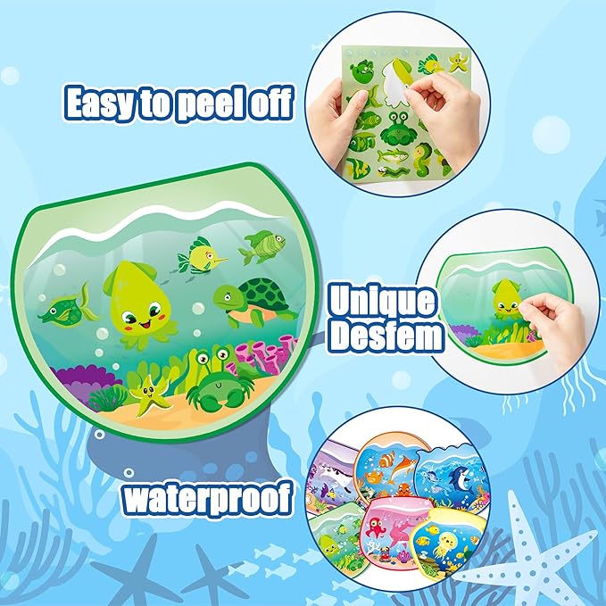 CY2SIDE 12 Sets Colorful Sorting Ocean Animal Scene Sticker Art Craft for Kids, Make A Summer Fish Tank Scene with Shark Tropical Stickers, DIY Summer Party Games for School Classroom Activities