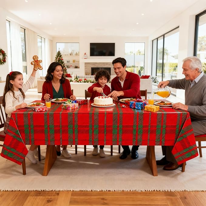 Mornajina 4 Packs 108 x 54 Inch Buffalo Checkered Plaid Merry Christmas Party Tablecloth Decorations Disposable Plastic Red and Green Xmas Rectangle Table Cloth (Buffalo Plaid)