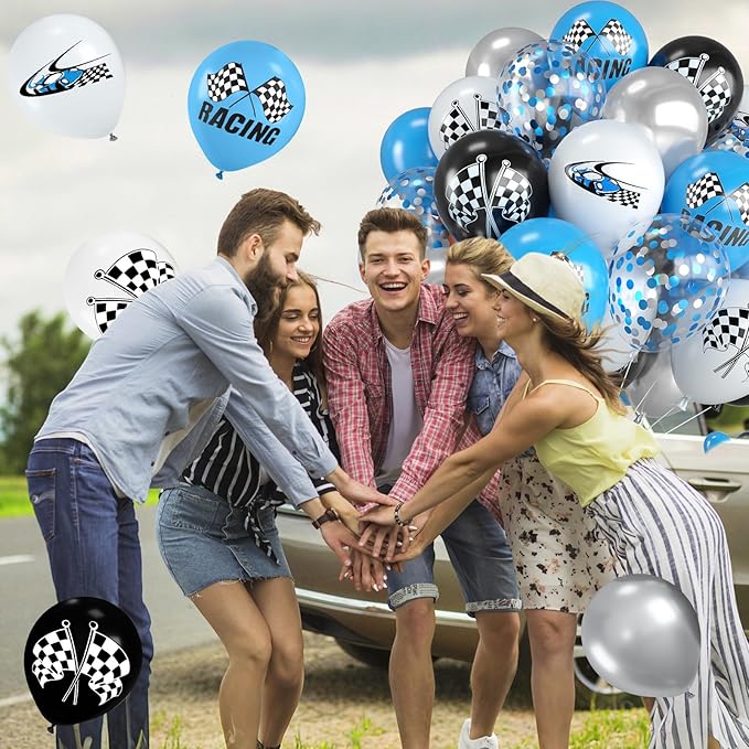 Race Car Balloons,12 Inch Checkered Flag Print Balloons and Blue Silver White Confetti Balloon for Boys Racing Car Birthday Baby Shower Fast Transportation Party Decorations