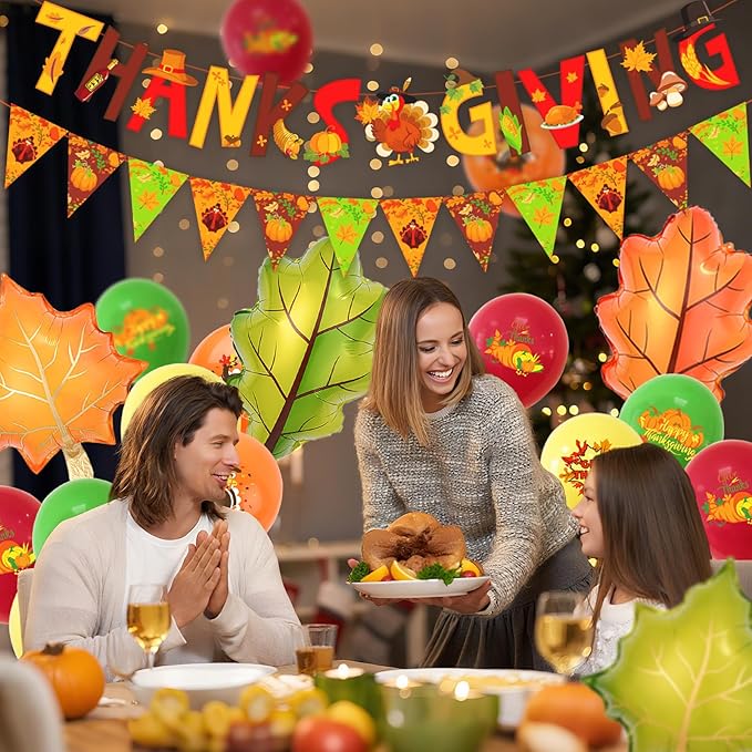 Thanks Giving Banners Large Maple Leaves Foil Balloons, Turkey Pumpkin Bunting Banners Latex Fall Balloons for Thanksgiving Day Party Decorations