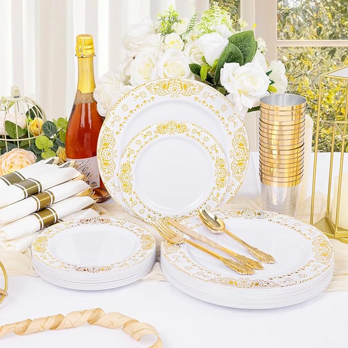 GATHER 350PCS White and Gold Plastic Plates - Gold Disposable Dinnerware Set Include 50 Dinner Plates, 50 Dessert Plates, 150 Gold Plastic Silverware, 50 Napkins, 50 Cups for Wedding & Thanksgiving