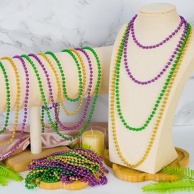 24 PCS Mardi Gras Beads Necklaces, 33" Green Purple Gold Metallic Costume Accessories Bulk, Party Beads Carnival Parade Throws, Round Beaded Necklaces for Baby Shower Decorations Party Favors