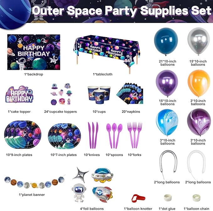 180 PCS Outer Space Birthday Party Decorations, Space Themed Party Decorations Includes Space Balloons, Backdrop, Galaxy Banner, Tablecloth, Plates, Cups, Cake Toppers for Kids Boys