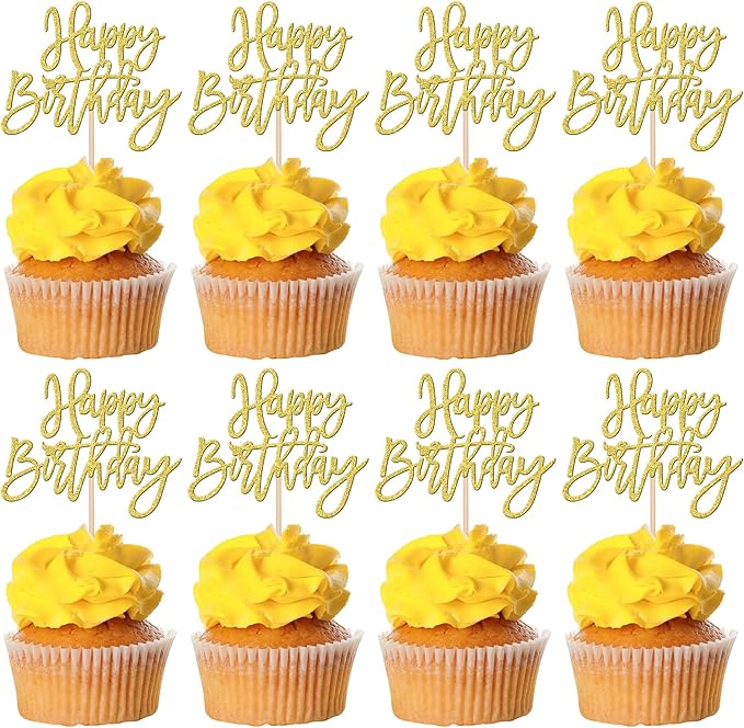 24 PCS Happy Birthday Cupcake Toppers Glitter Picks for Celebrating Anniversary Theme Party Cake Decorations Supplies Gold
