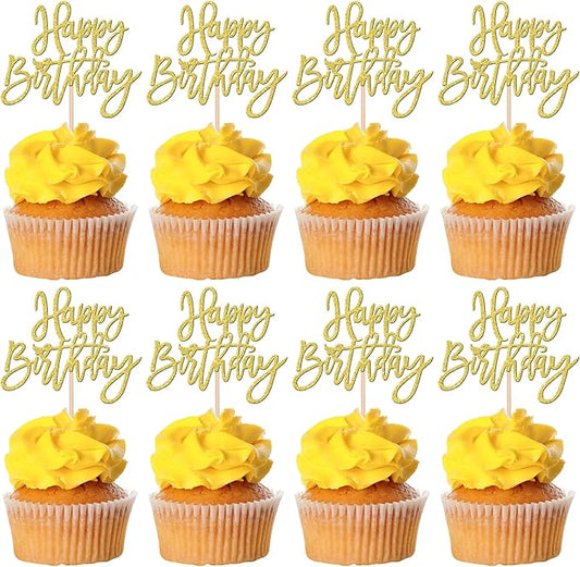 24 PCS Happy Birthday Cupcake Toppers Glitter Picks for Celebrating Anniversary Theme Party Cake Decorations Supplies Gold