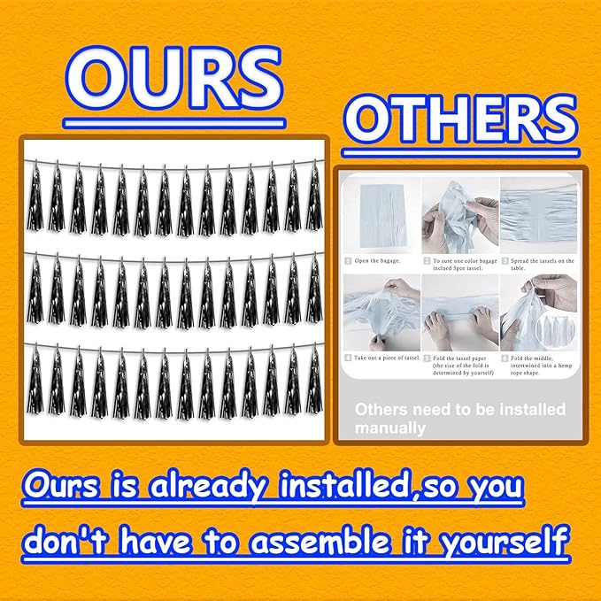 3P Metallic Fringe Tassel Banner Garland Foil Tinsel Streamer Wall Hanging Curtain Backdrop Banners for Parade Floats, 2024 Graduation Decorations, Father’s Day Party Decoration(Black)