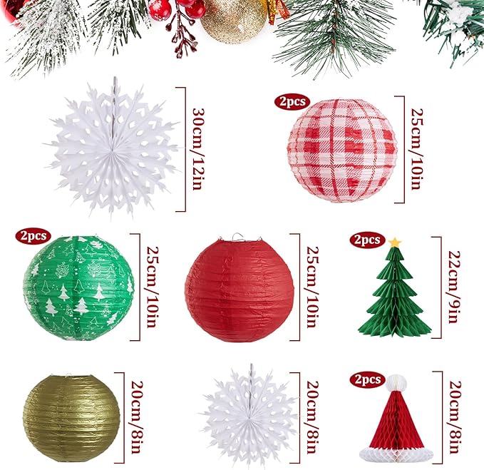 Christmas Hanging Decorations, 12 PCS Paper Lanterns, Honeycomb Christmas Trees, Hanging Paper Fans, Red Green Gold White Holiday Party Supplies for Home Xmas Holiday Party