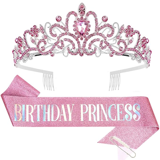 CIEHER Princess Crown and Birthday Sash Set, Pink Tiara for Women, Birthday Decorations for Girls, Gifts