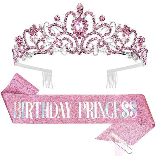 CIEHER Princess Crown and Birthday Sash Set, Pink Tiara for Women, Birthday Decorations for Girls, Gifts