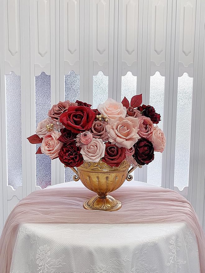 Roses Artificial Flowers Burgundy Fake Flower Bulk for DIY Wedding Bouquet Bridal Baby Shower Centerpiece Table Decorations Cake Decorating Silk Faux Floral Arrangements Party Home Decor Dusty