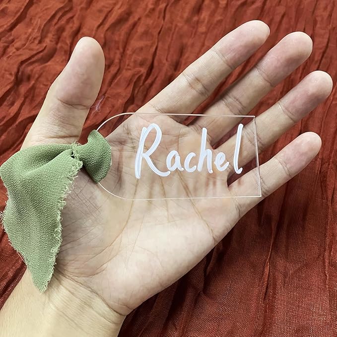 30Pcs Acrylic Place Card for Wedding Clear Transparent Acrylic DIY Table Seating Cards Wedding Supplies with Green Ribbon