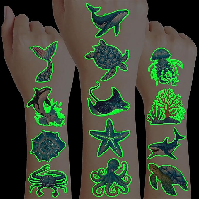 96 PCS Ocean Sea Animal Shark Whale Fish Pre-Cut Luminous Glow in the dark Temporary Tattoos for Kids | Super Cute Themed Birthday Party Favors Supplies Decorations, Fake Tattoos Gifts for Boys Girls