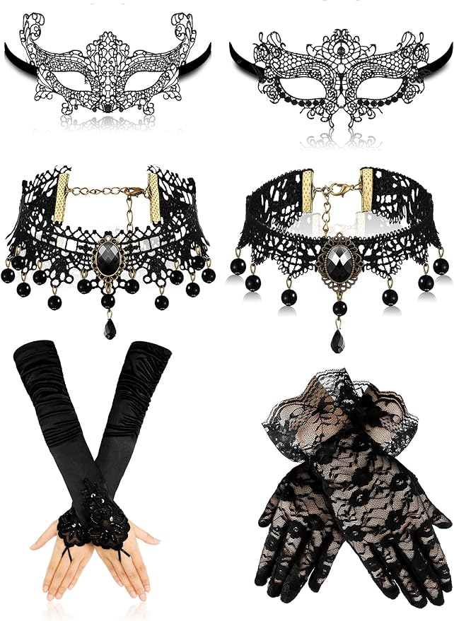 Newcotte 6 Pcs Masquerade Mask for Women Lace Mask Choker Necklace Glove for Christmas Halloween Venetian Party 80s 90s