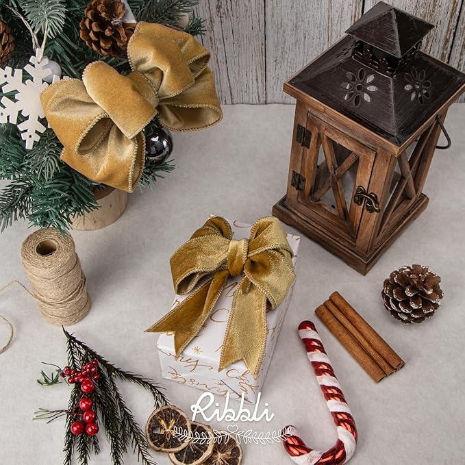 Ribbli Champagne Velvet Wired Ribbon 2.5 Inch Velvet with Satin Christmas Ribbon for Gift Wrapping Christmas Tree Decoration Crafts Wreaths Supplies-Continuous 10 Yards