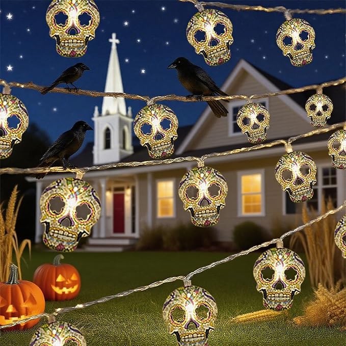 Halloween String Lights,15FT 30 LED Fairy Decor Lights USB & Battery Operated (Not Included) Cute Skull String Lights 2 Modes Waterproof Fall Light Decoration for 2025 Indoor Outdoor Home Party Garden