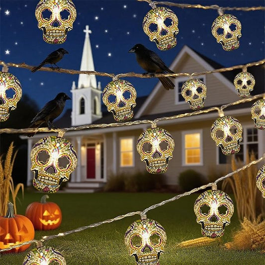Halloween String Lights,15FT 30 LED Fairy Decor Lights USB & Battery Operated (Not Included) Cute Skull String Lights 2 Modes Waterproof Fall Light Decoration for 2025 Indoor Outdoor Home Party Garden
