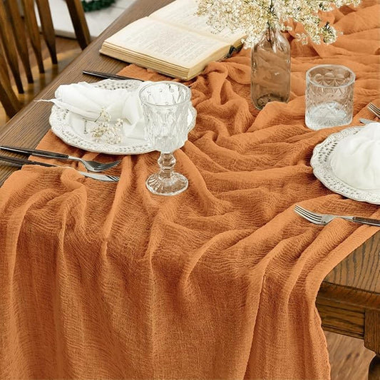 Artoid Mode Boho Cheesecloth Gauze Orange Wedding Table Runner, 120 Inch Seasonal Fall Thanksgiving Fabric Kitchen Dining Holiday Table Decor for Home Party Indoor