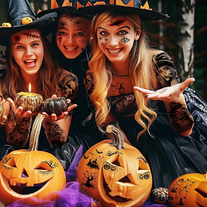 72 Sheets Halloween Temporary Tattoos for Men Women Adults - Black 3D Realistic Scary Animals Skulls Scars, Fake Tattoos Set for Cosplay Arm Sleeve Neck, Waterproof Long-Lasting Body Tattoo Sticker