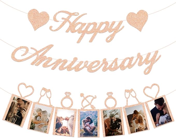 Rose Gold Happy Anniversary Party Decorations - Banner and Photo Banner for Wedding Party Decor