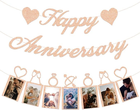 Rose Gold Happy Anniversary Party Decorations - Banner and Photo Banner for Wedding Party Decor