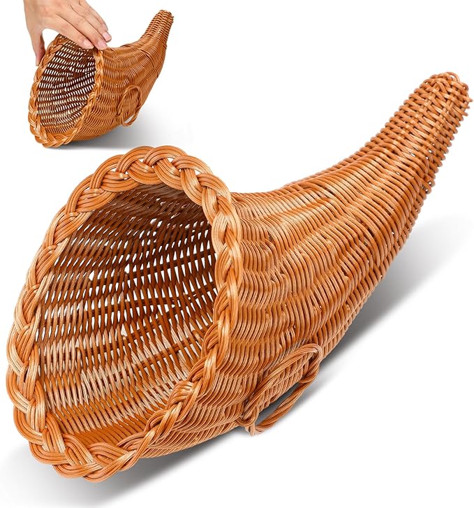 Dandat 1 Pcs Thanksgiving Cornucopia Basket 13.78 Inch Thanksgiving Horn of Plenty Fall Table Decoration Harvest Cornucopia for Autumn Table Centerpieces Fall Party Decorations