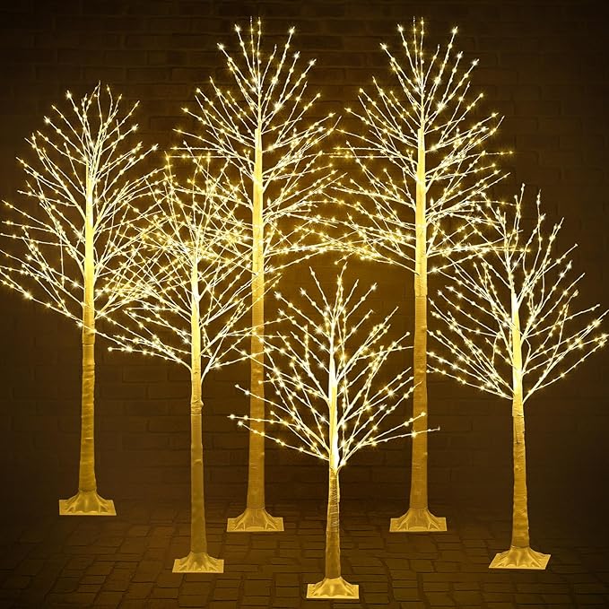 Baquler 6 Pack Lighted Birch Tree - Large Christmas Warm-White LED 8 Mode Light Birch Tree Decoration Set for Thanksgiving Holiday Fall Winter Party Decor, Indoor & Outdoor (4 5 6 7 8 ft)