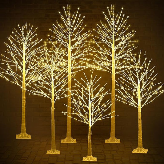 Baquler 6 Pack Lighted Birch Tree - Large Christmas Warm-White LED 8 Mode Light Birch Tree Decoration Set for Thanksgiving Holiday Fall Winter Party Decor, Indoor & Outdoor (4 5 6 7 8 ft)