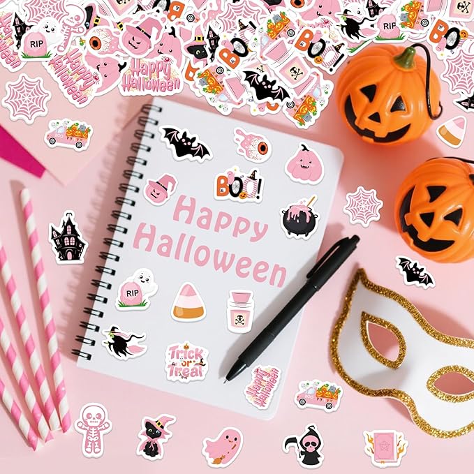 300Pcs Halloween Foam Stickers, Self-Adhesive Pink Ghost Witch Pumpkin Stickers Halloween Decals Sticker Decorations for Home Office School Classroom DIY Art Craft Party Supplies