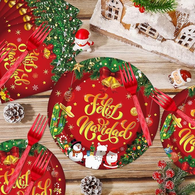 96Pcs Feliz Navidad Decorations Christmas Disposable Tableware Set - Feliz Navidad Red and Green Paper Plates Napkins Forks Mexican Spanish Christmas Party Supplies Serve 24 Guests